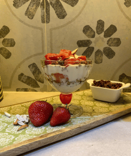 Strawberry Granola Parfait | Healthy Yogurt Parfait | Strawberry Breakfast Parfait | Nutritious Layered Dessert — recipe by Renu Dalal